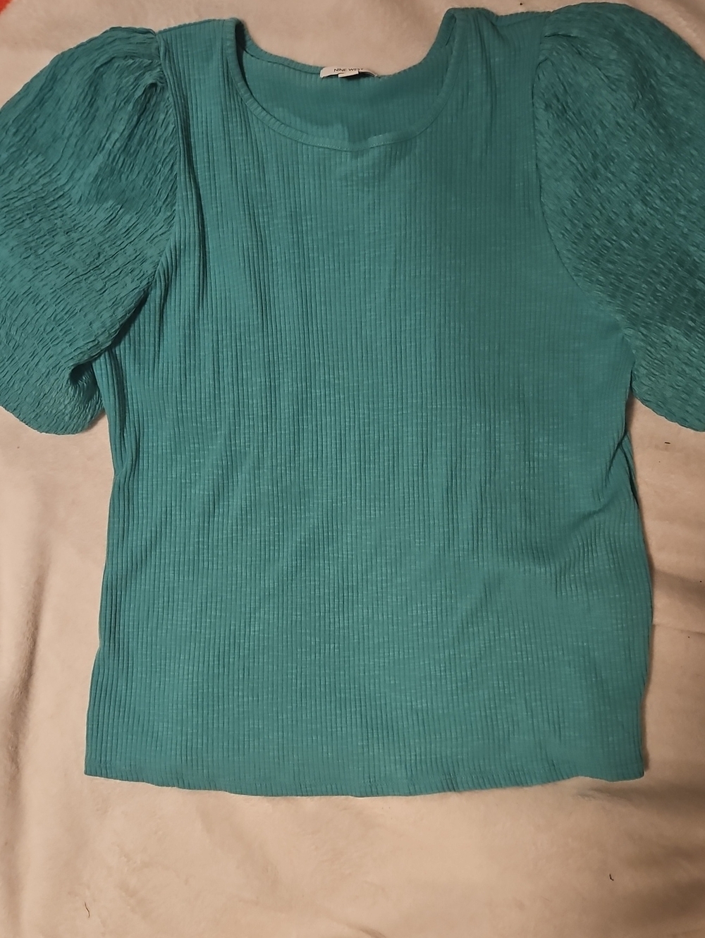 Nine West Teal Ribbed Puff-Sleeve Top